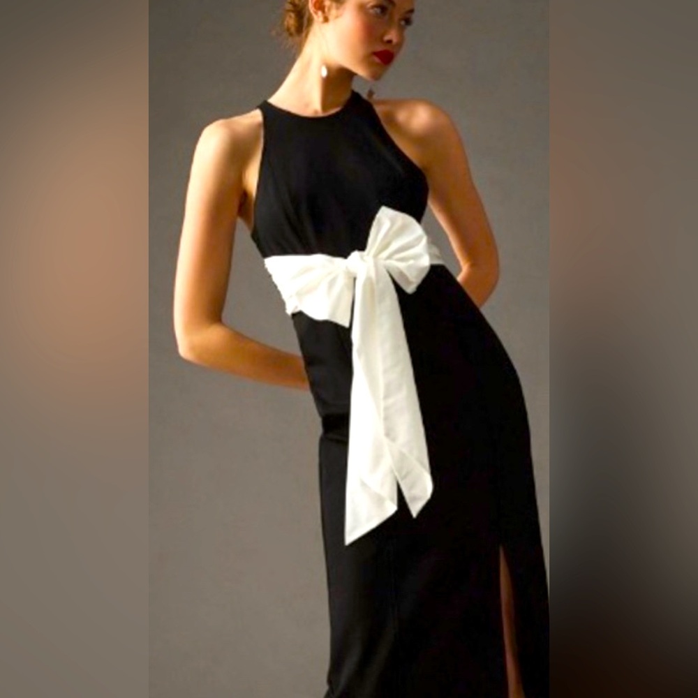 Anthropologie Black Strapless Evening Dress with White Bow Sash